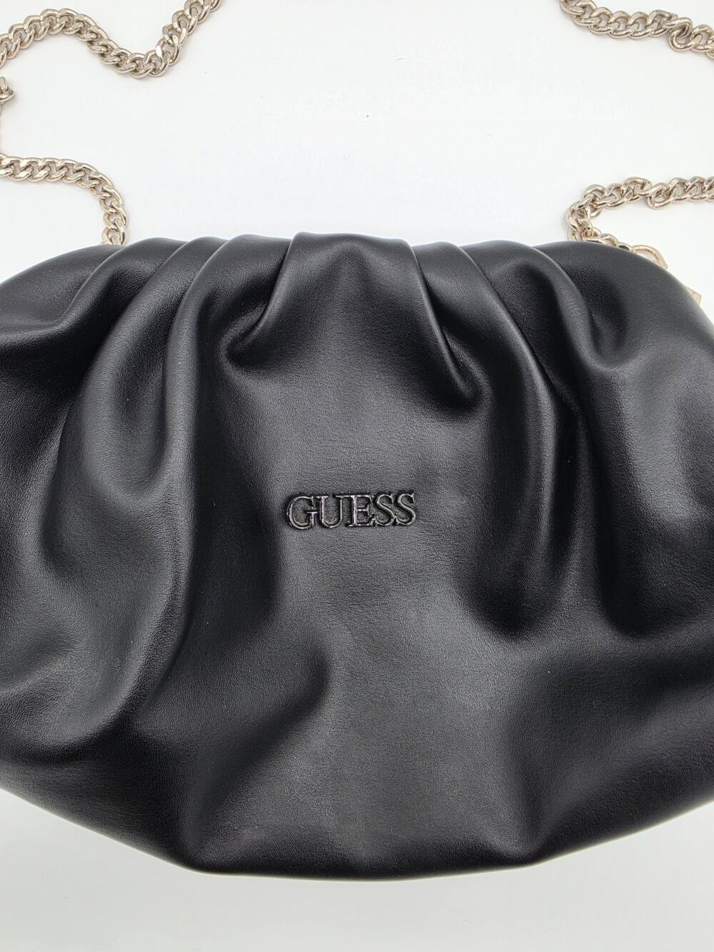 GUESS Black Ruched Cloud Clutch Shoulder Bag Chain Strap Pouch Purse